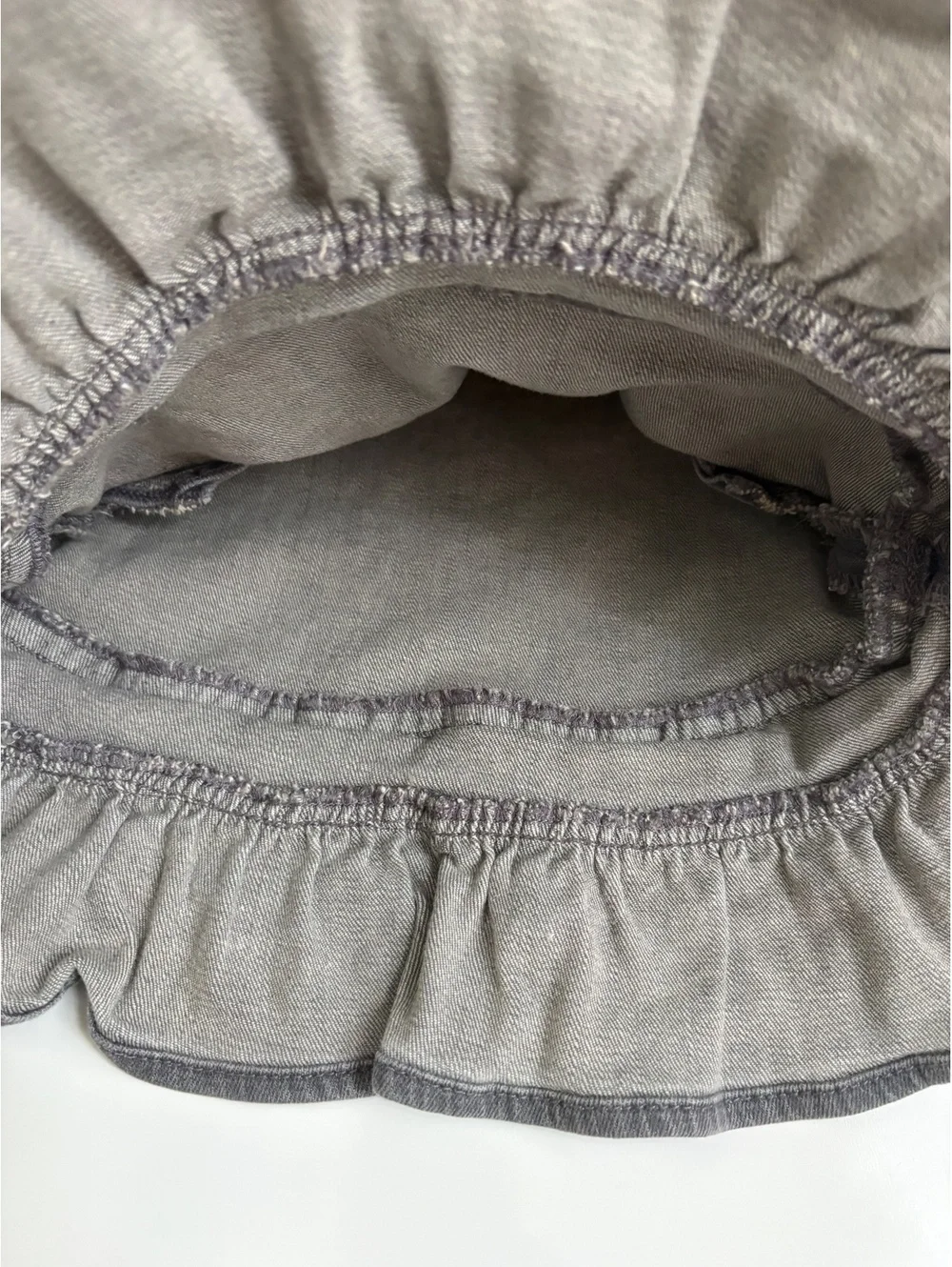 Baby Gap | Dark Distressed Gray Denim Overall Ruffle Dress Pink Snaps Size 3-6mo